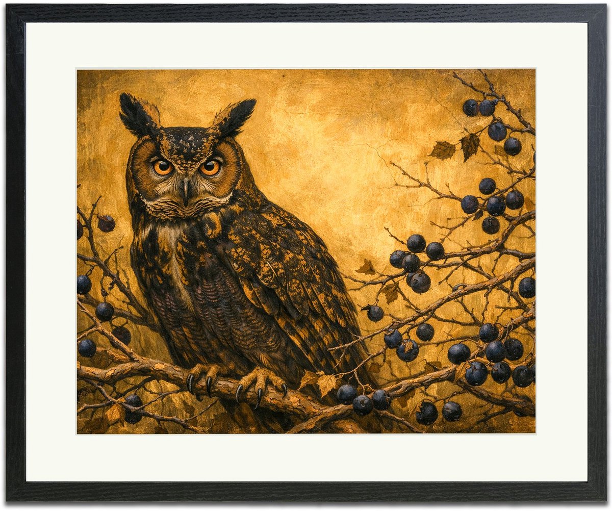 Uil op een tak - Ingelijste Muurkunst - 63x53cm zwart frame - Glasplaat en Passe-partout - Museum kwaliteit print