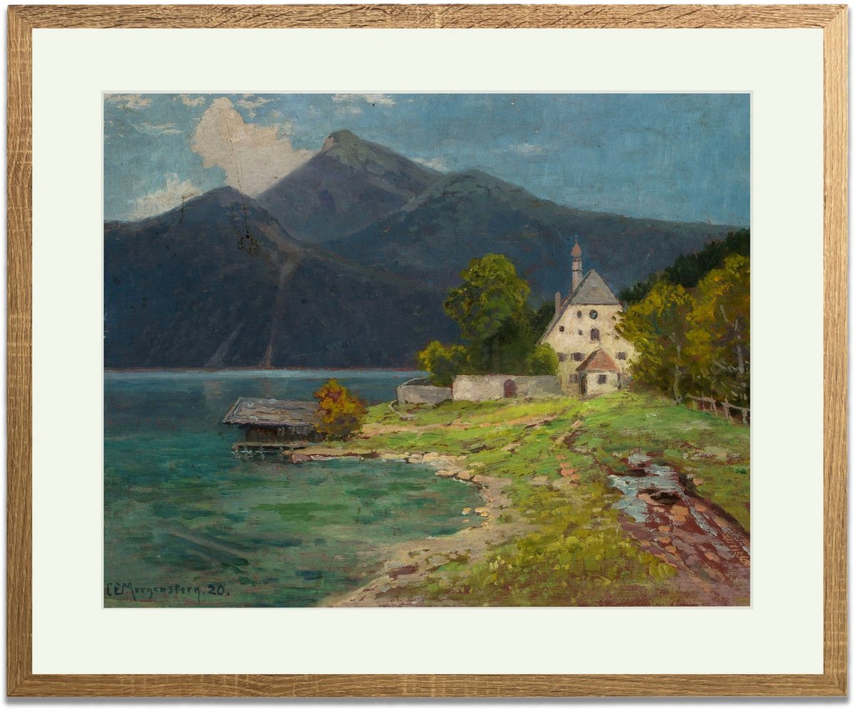 Berglandschap met meer (Christian Ernst Bernhard Morgenstern) - Ingelijste Muurkunst - 63x53cm lichtbruin frame - Glasplaat en Passe-partout - Museum kwaliteit print