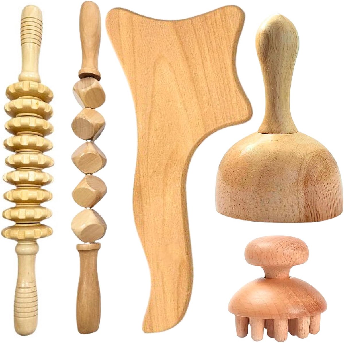 5-in-1 Houten Massage-instrumenten – Lichaamscontouring & Vorming – Anti-cellulitis – Pijnverlichting – Bloedsomloop Verbeteren