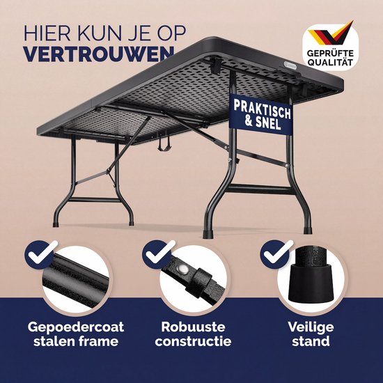 Zwarte tafel met gepoedercoate stalen frame, robuuste constructie en veilige stand. "Hier kun je op vertrouwen".