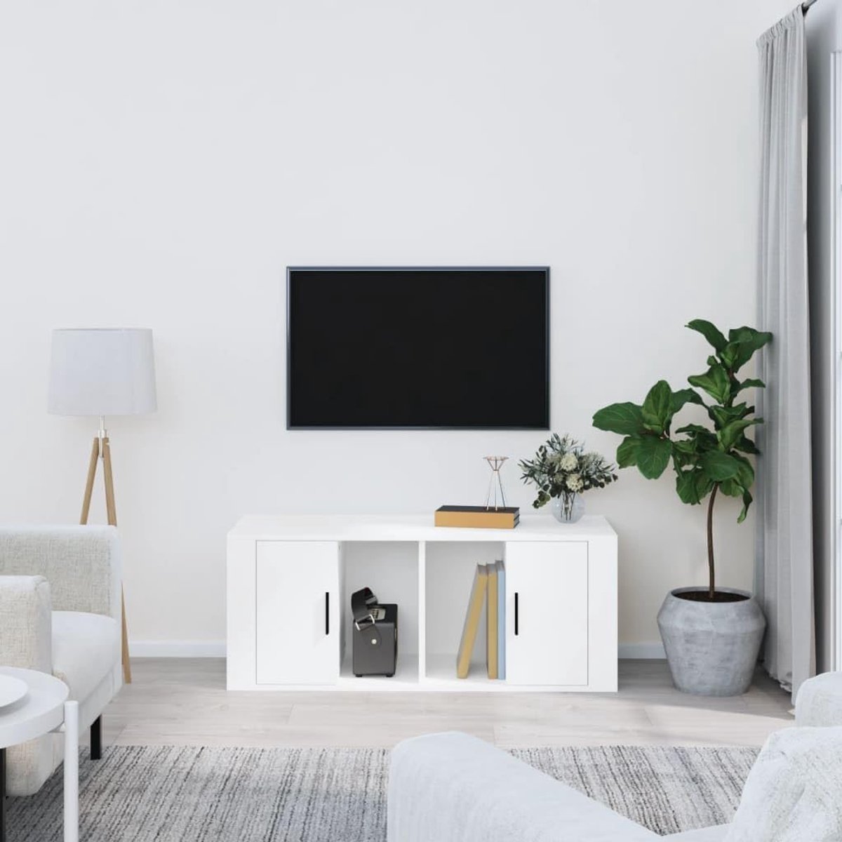 TV-kast - Media meubel - Woonkamer opbergen - Vier vakken met deur - 100 x 35 x 40 cm - Wit