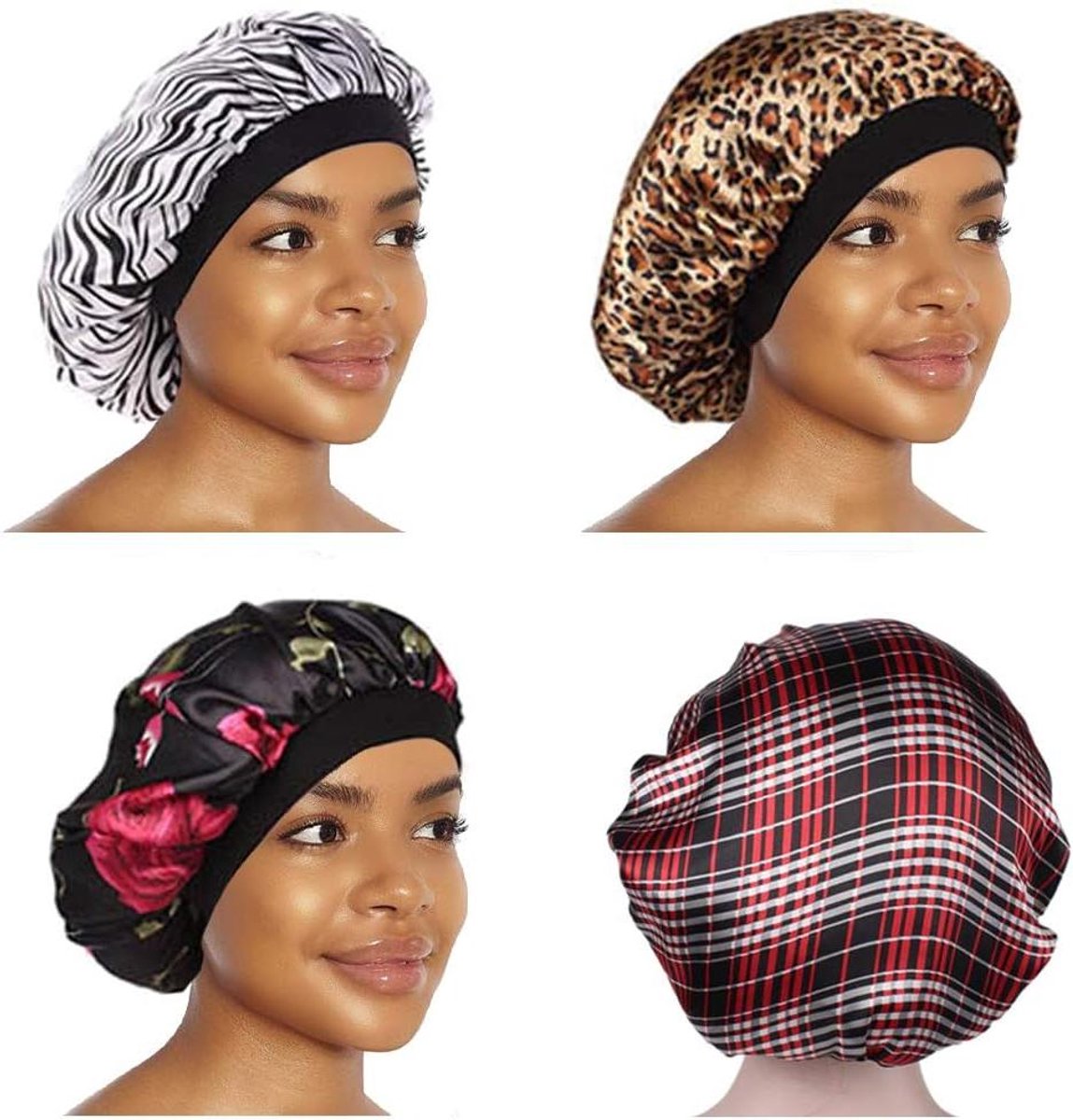 Slaapmutsen Set - Nacht Hoofddeksels - Haar Beschermen - Brede Elastische Band - 4 Stuks - Zwart
