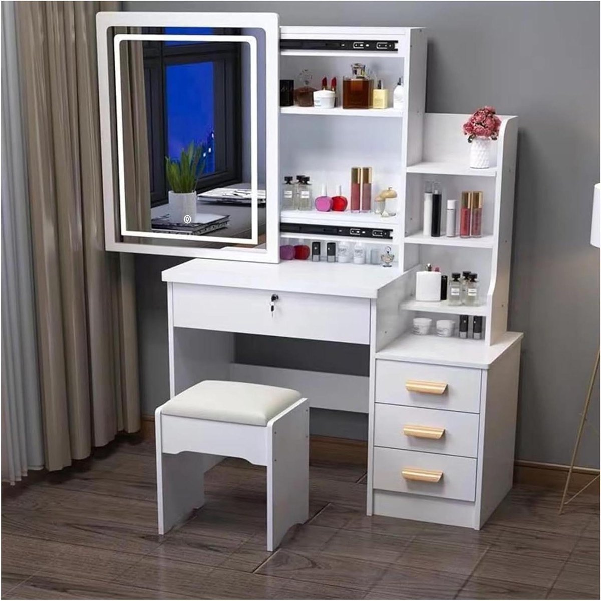 Kaptafel met Spiegel - Make-up tafel - Slaapkamer inrichten - Verstelbare LED-verlichting - 80x36x130 cm - Wit