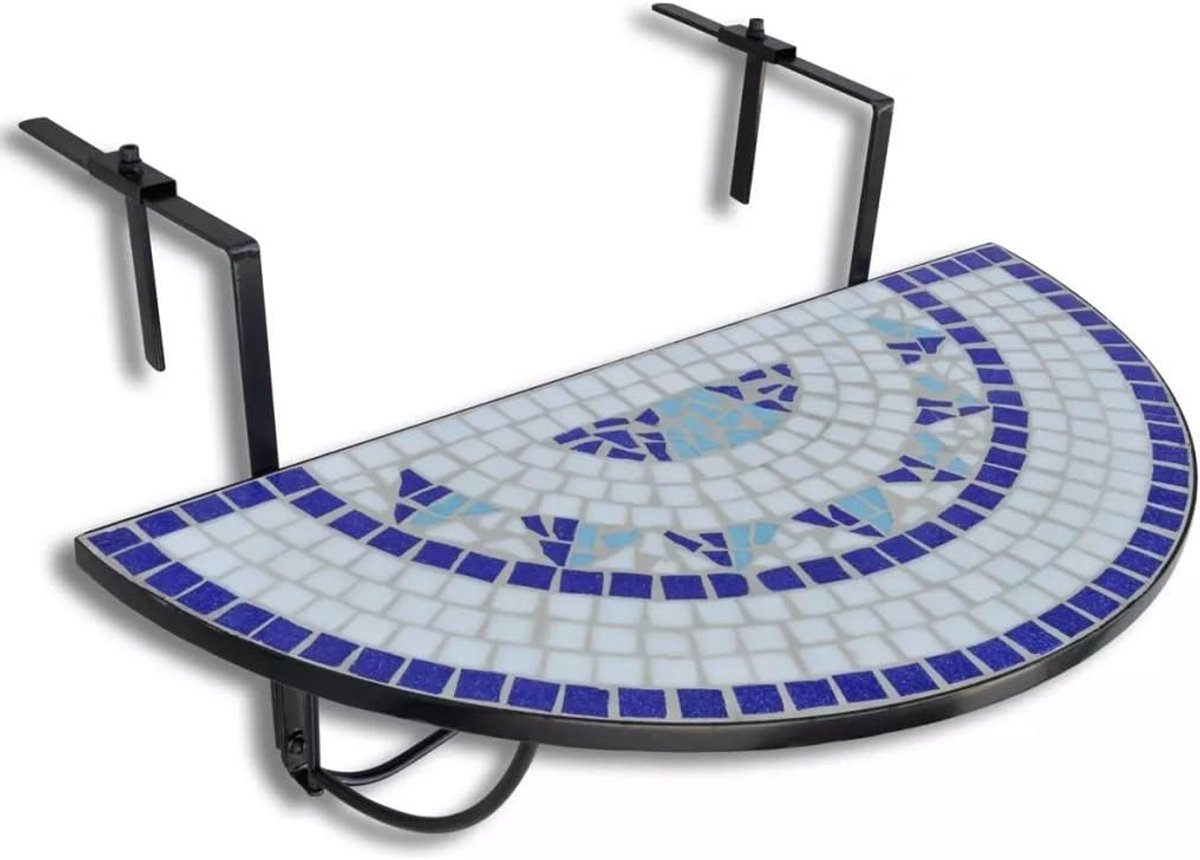Klaptafel - Balkon Hangtafel - Ruimte Besparen - Halfrond Mozaïek - 76 x 56 x 64 cm - Blauw Wit