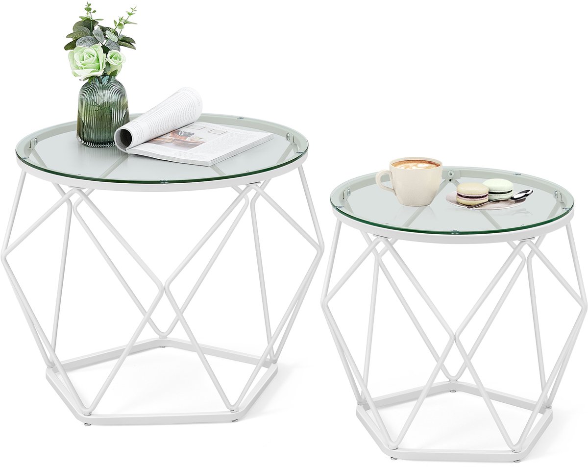 Vasagle Salontafel - Bijzettafel - Ronde - Set van 2 - Bijzettafels - Afneembaar Tafelblad Transparant-wit