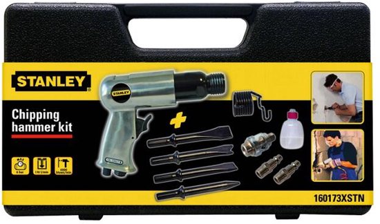 Stanley luchthamer kit in koffer met hamer, beitels, accessoires en afbeeldingen van gebruik.