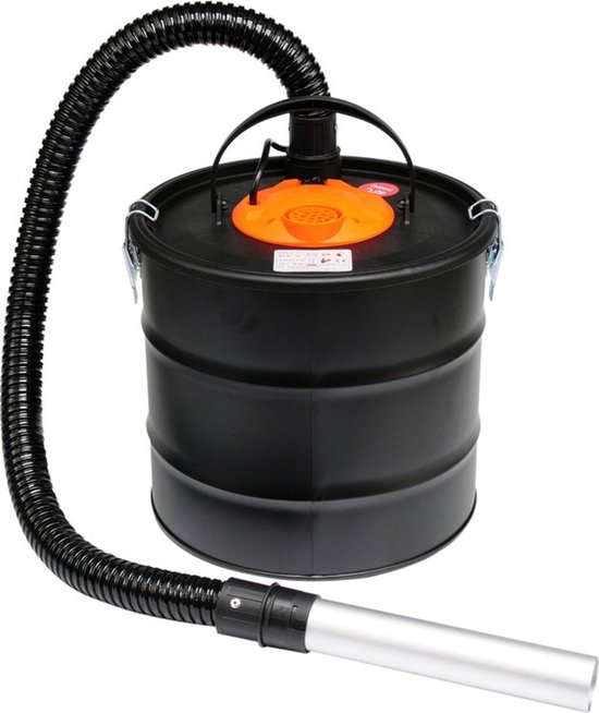 Zwarte 18L aszuiger met een oranje deksel, flexibele zwarte slang en een aluminium zuigbuis.