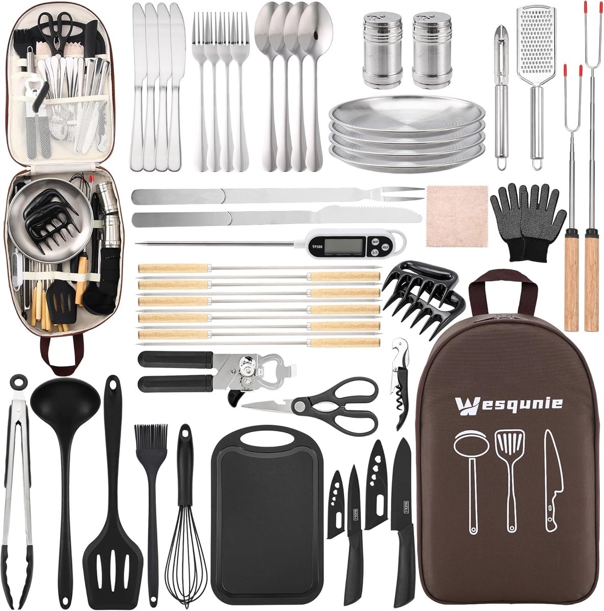 Kookset Kamperen - Buitenkeuken Set - Outdoor Koken - 50 Delige Kit - 42x32x11 cm - Bruin