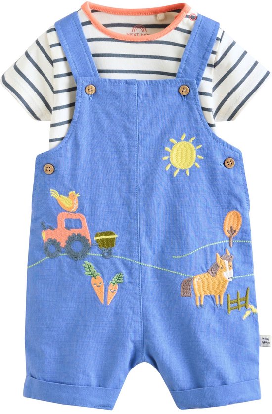 Blauw tuinbroekje met tractor, kip, zon en paard geborduurd. Wit gestreept rompertje.