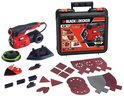 Oranje en zwarte BLACK+DECKER multischuurmachine met diverse accessoires en opbergkoffer.