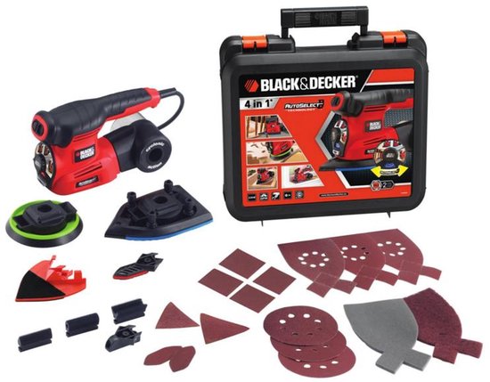 Oranje en zwarte BLACK+DECKER multischuurmachine met diverse accessoires en opbergkoffer.