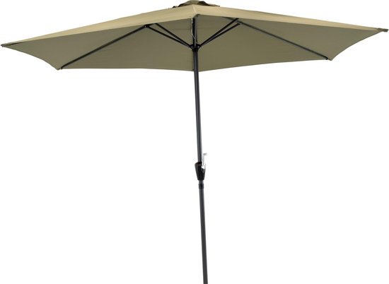 Groene, rechthoekige parasol met zwarte stang en middenstuk.
