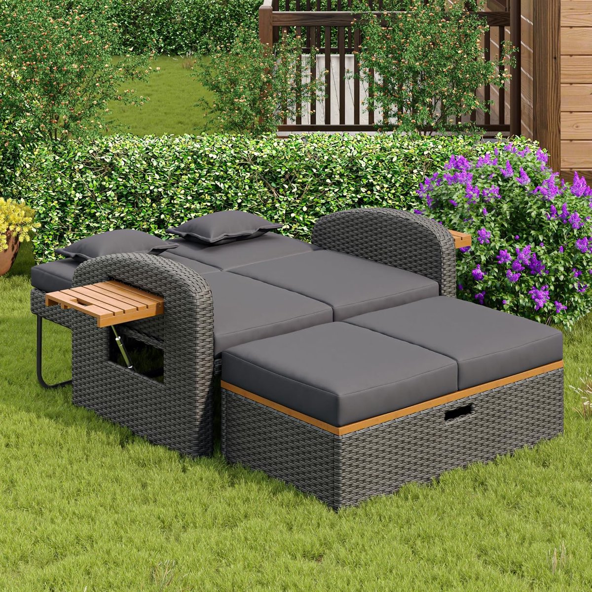 Luxe Dubbele Verstelbare Polyrotan Ligbank met Loungefunctie, Tuin Daybed met Kussens, Weerbestendige Outdoor Zonne-eiland Lounger 2-Persoons 90D x 120W x 124H cm