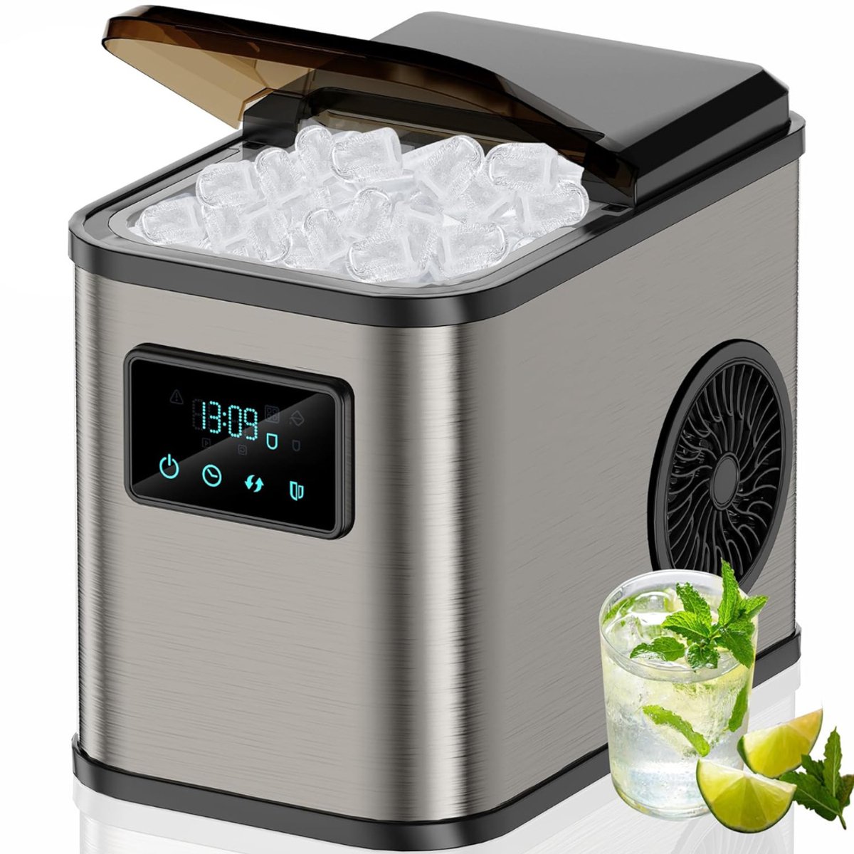 Aurixi® Krachtige IJsblokjesmachine – 2 Afmetingen – Zelfreinigende IJsmachine – IJsblokjesmachine Crushed Ice Machine – Crushed Ice Maker in Enkele Minuten – 2L – LED-Scherm - Zwart/Zilver- 41cm x 28cm x 36cm