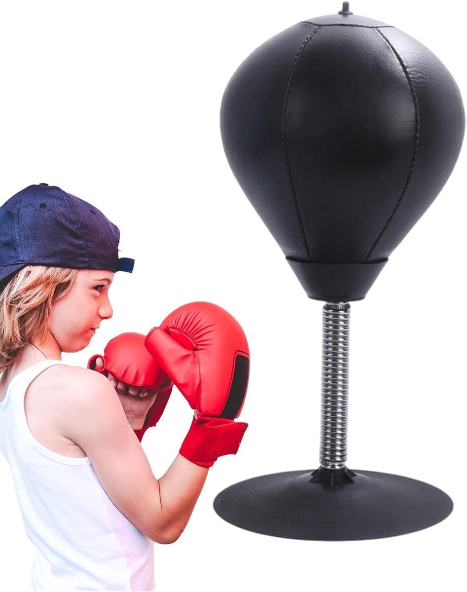 Desktop Bokszak - Zuignap Boksbal - Stress Verlichten - Sterke Zuignap Basis - 37 cm Hoog - Zwart
