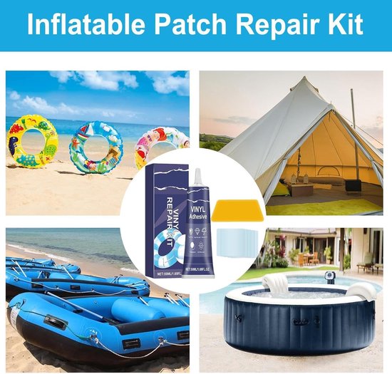 Opblaasbare reparatieset - Lekvrije pleisters - Watersport repareren - Zelfklevend en weerbestendig - 50ml lijm 5 pleisters - Transparant — afbeelding 3