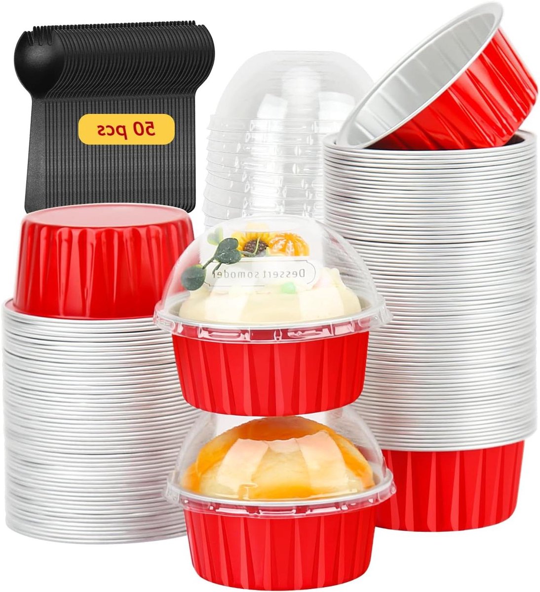 Bakvormen met deksels - Muffinvormpjes - Desserts maken - Inclusief lepels - 50 stuks - Rood