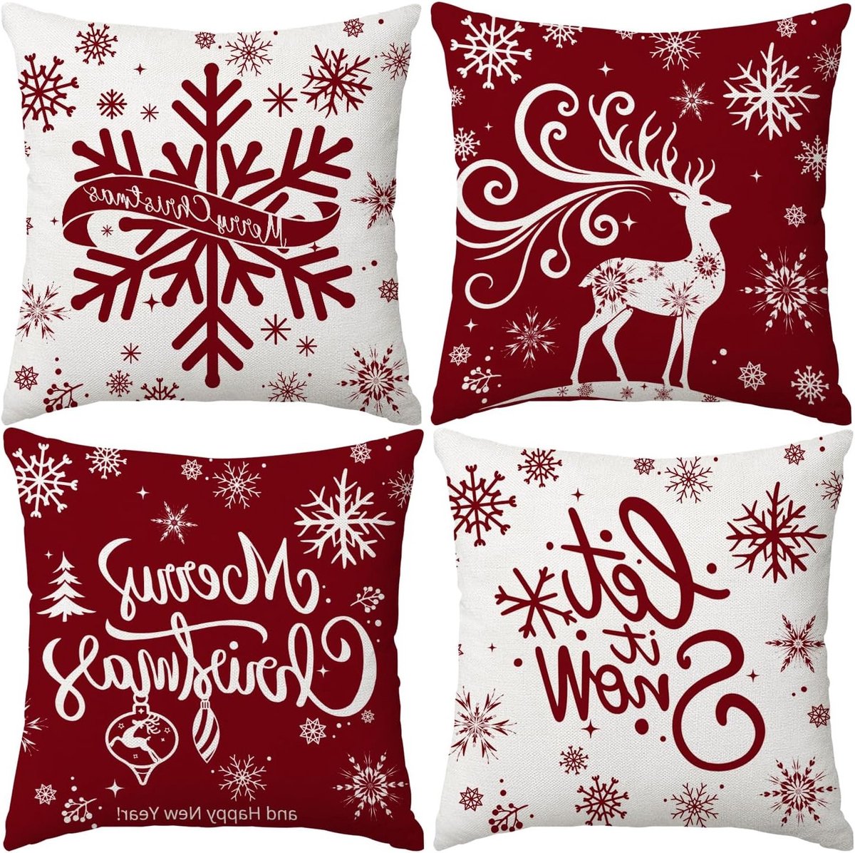 Kerst Kussenhoezen 50x50cm met Sneeuwvlokken en Elken - Set van 4 voor Winterse Decoratie en Feestelijke Sfeer