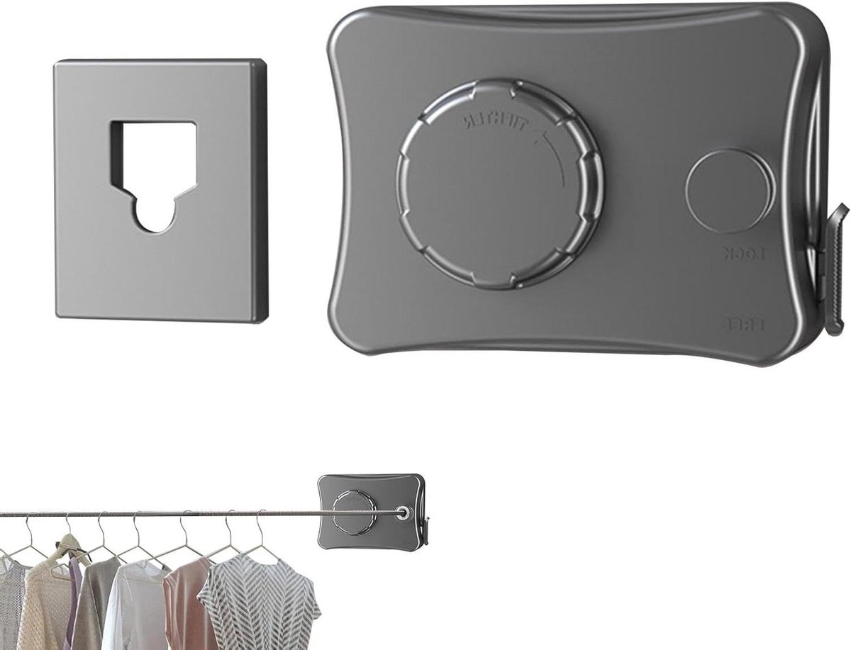 Intrekbare Waslijn - Wanddroger Binnen - Kleding Drogen - Zonder Boren - 5.1 Meter - Grijs
