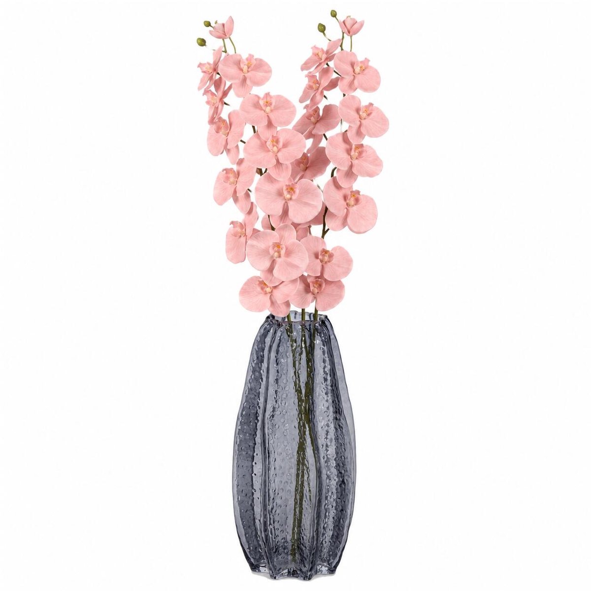 Mega Collections Bloemenvaas Callas - bewerkt sier glas - D12 x H30 cm - transparant smoke grijs - boeket en stelen - Moderne stijl