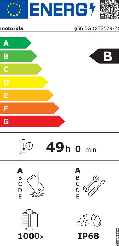 Energie-etiket voor de Motorola moto g56 5G met energieklasse B, 49 uur batterijduur en IP68-classificatie.