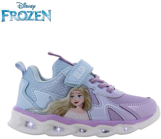 Zij-aanzicht van lichtblauwe en paarse Frozen sneaker met Elsa, klittenband, veters en lichtgevende zolen.