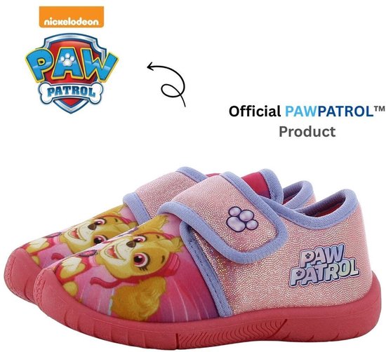 Roze Paw Patrol pantoffels met klittenbandsluiting, met afbeelding van Skye en het Paw Patrol logo.