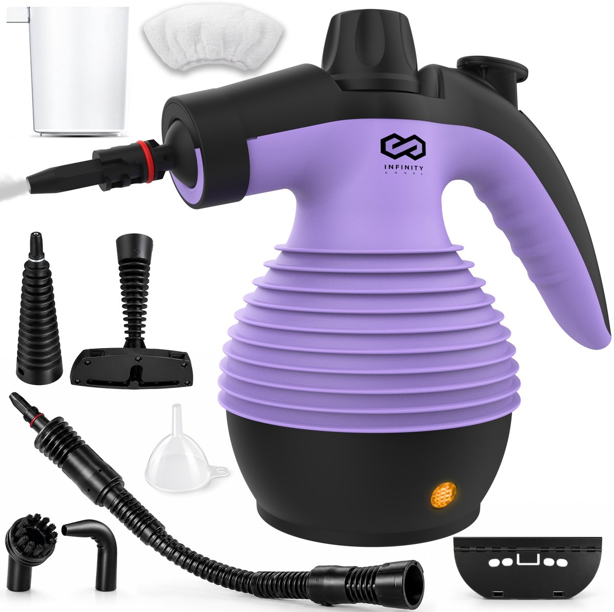 Infinity Goods Stoomreiniger - 12-in-1 Handstoomreiniger - Handstomer - Vlekkenreiniger - Tapijtreiniger - 10 Opzetstukken - 1050 Watt - 3.2 Bar - Paars