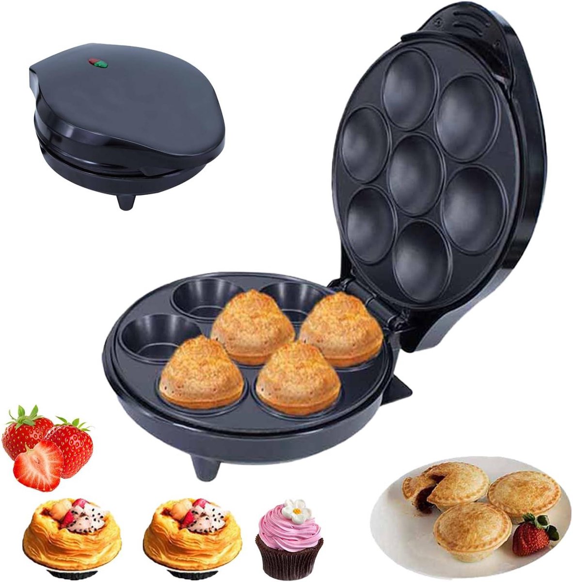 Mini Taartjes Maker - Apparaat Bakken - Snacks Maken - Dubbele Verwarming - 20.5 cm - Zwart