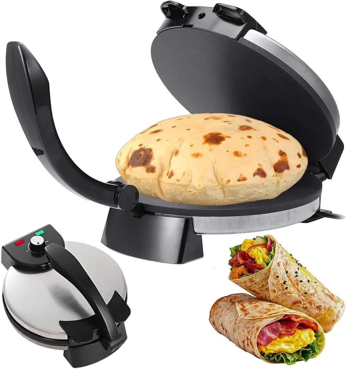 Elektrische Roti Maker - Tortillapers Flatbread - Platbrood Maken - Dubbelzijdige Verwarming - 10 inch Plaat - Zwart