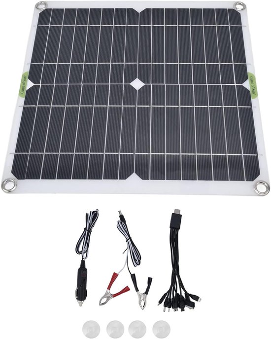 Flexibel zwart zonnepaneel met accessoires zoals een autolader en krokodillenklemmen.