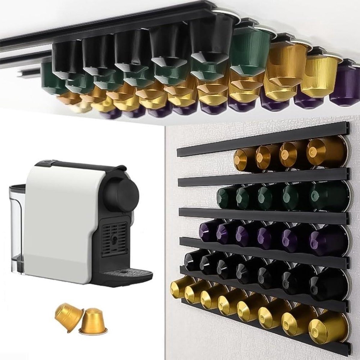 Koffiecapsulehouder - Opbergrek Dispenser - Keuken Organiseren - Ruimtebesparend Wandmontage - Houdt 6 Capsules - Zwart