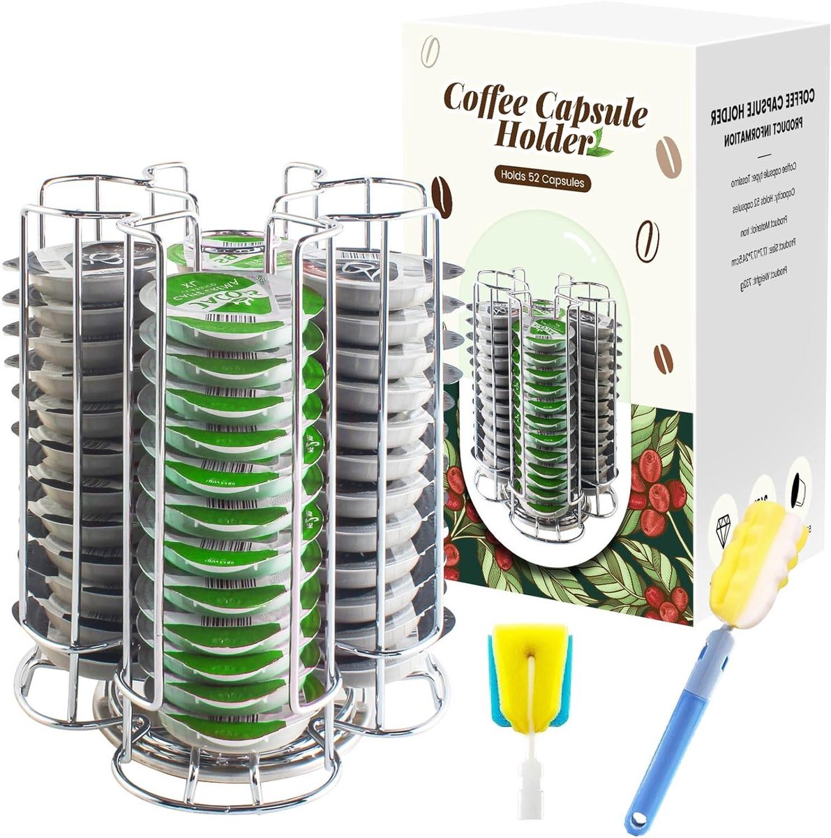 Koffiecapsulehouder - Capsule Dispenser - Koffie Organiseren - 360 Graden Draaibaar - 52 Capsules - Zilver