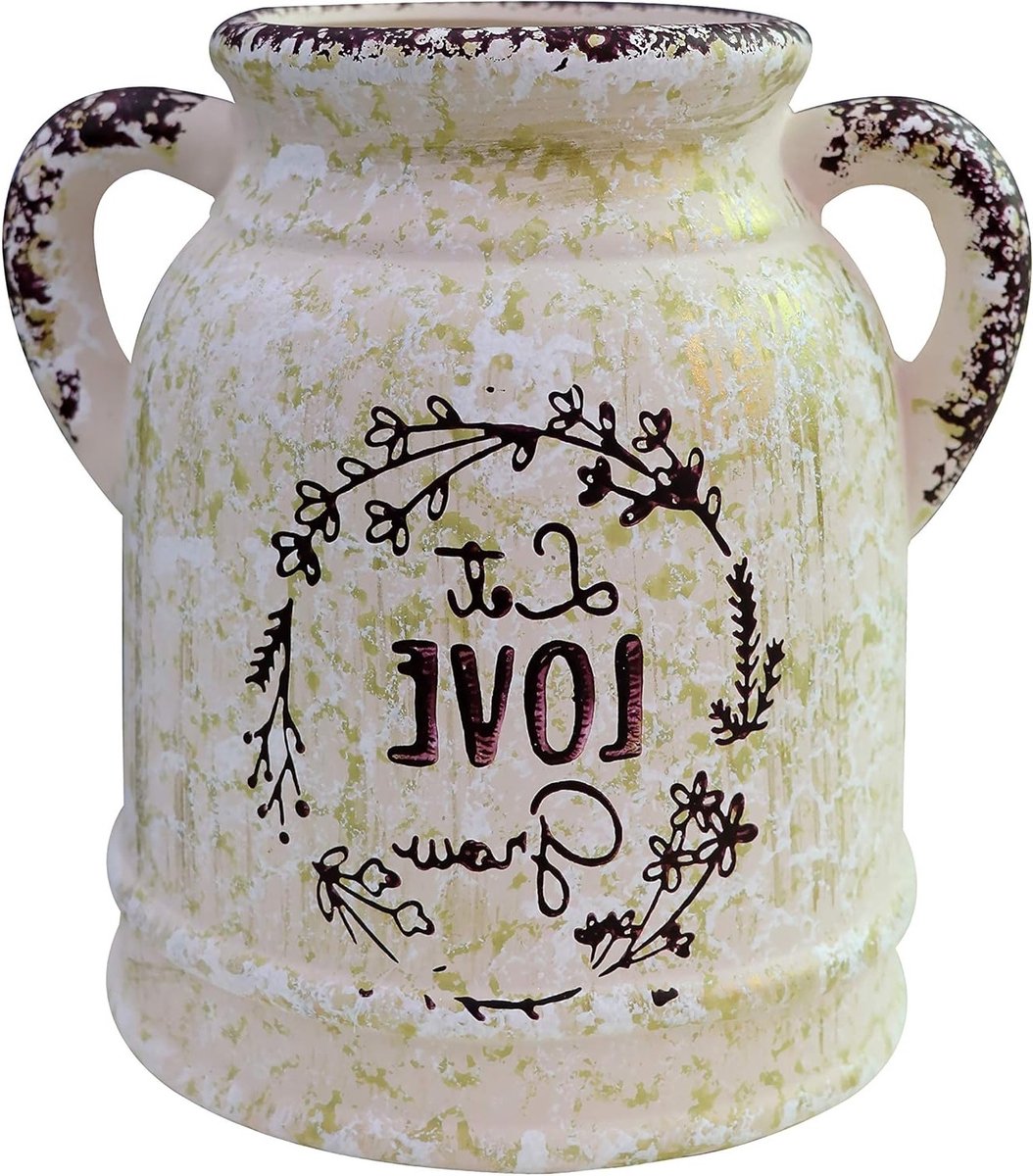 Grote Rustieke Keramische Vaasje voor Bloemen - Vintage Boerderij Stijl Melkkan Decoratieve Bloemhouder met Handvat voor Thuis, Keuken en Bruiloft Decoratie
