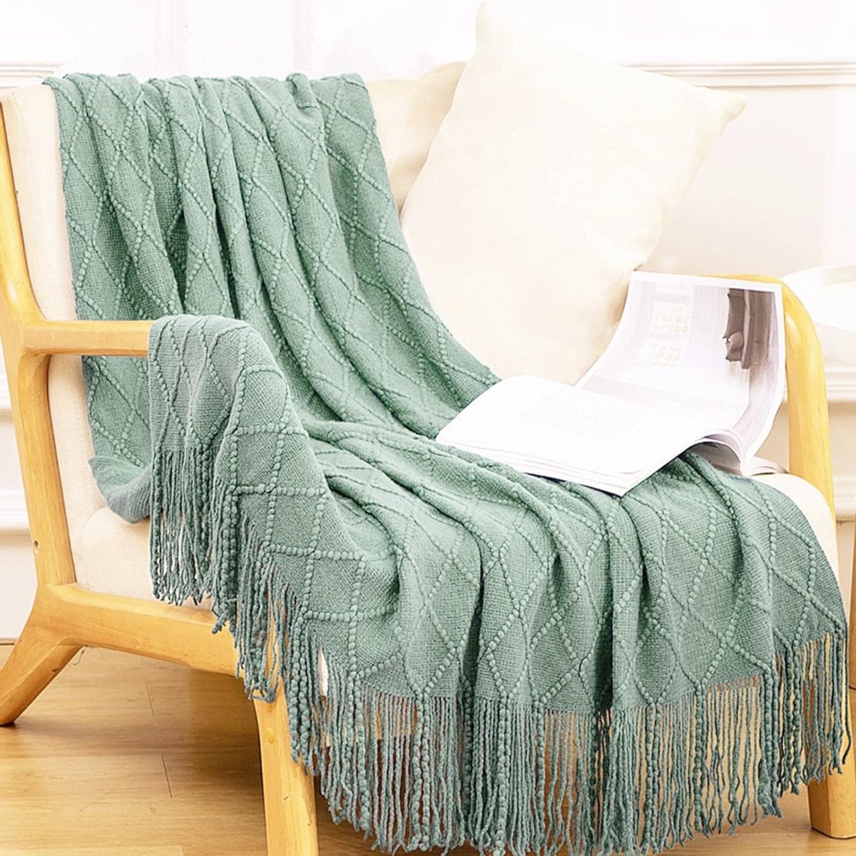 Gebreide Plaid met Franje in Effen Kleur - Scandinavisch Warm en Zacht Dekbedovertrek voor Sofa en Bed, 130 x 230 cm