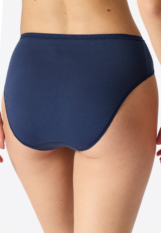 Achterkant van donkerblauwe slips met hoge taille.