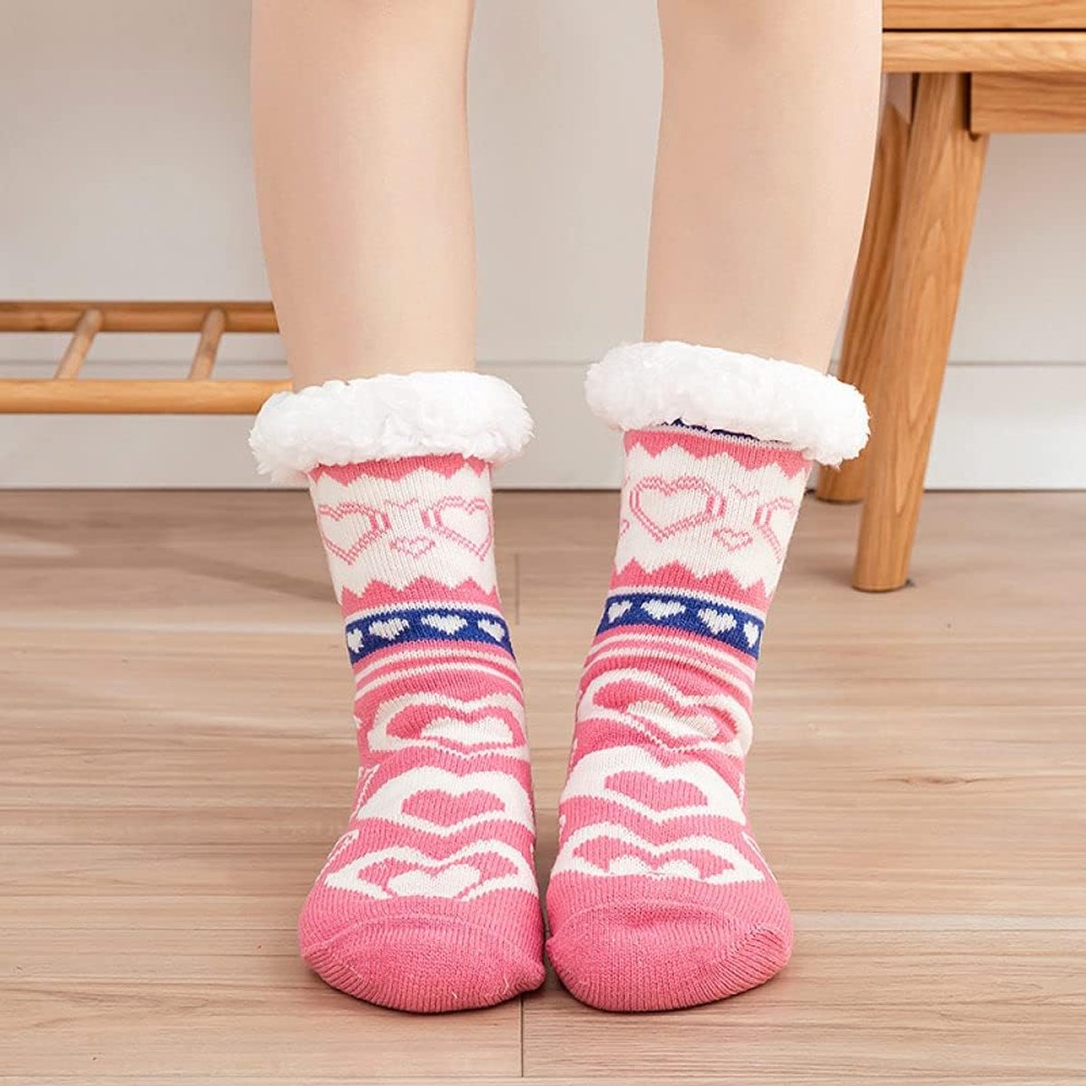 Dames Sokken - Huissokken Pantoffels - Warmte Comfort - Antislip Zolen - Roze Hartjes