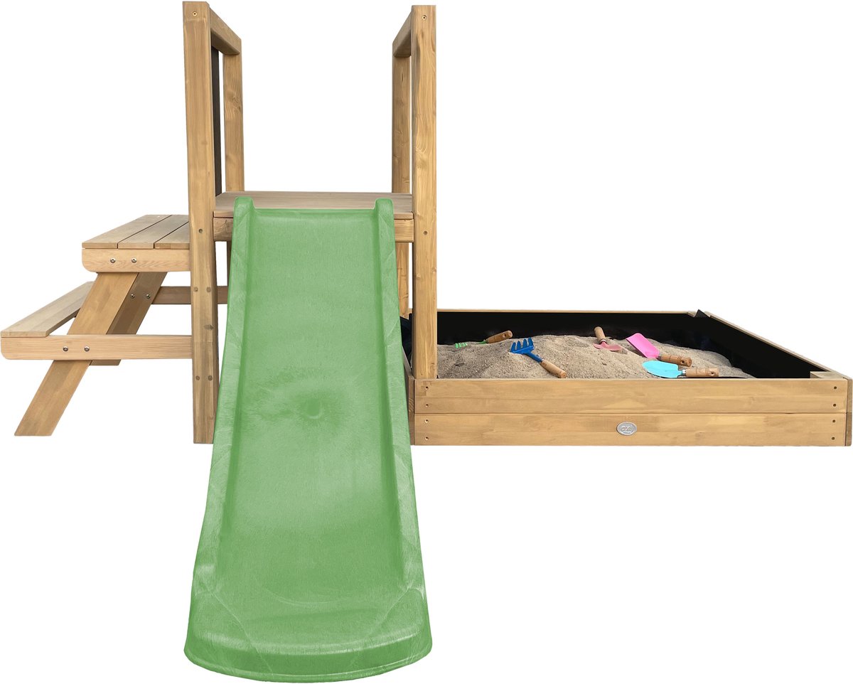AXI Leah Mini Speeltoren met Zandbak en Picknicktafel –Limoen groene Glijbaan – Met Krijtbord – FSC hout – Klein speeltoestel voor de tuin / buiten — afbeelding 9