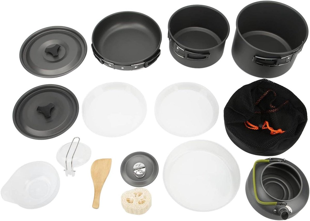 Camping Pannenset - Buiten Kookgerei - Kamperen en Reizen - Compleet voor 4-5 personen - Lichtgewicht Compact - Grijs