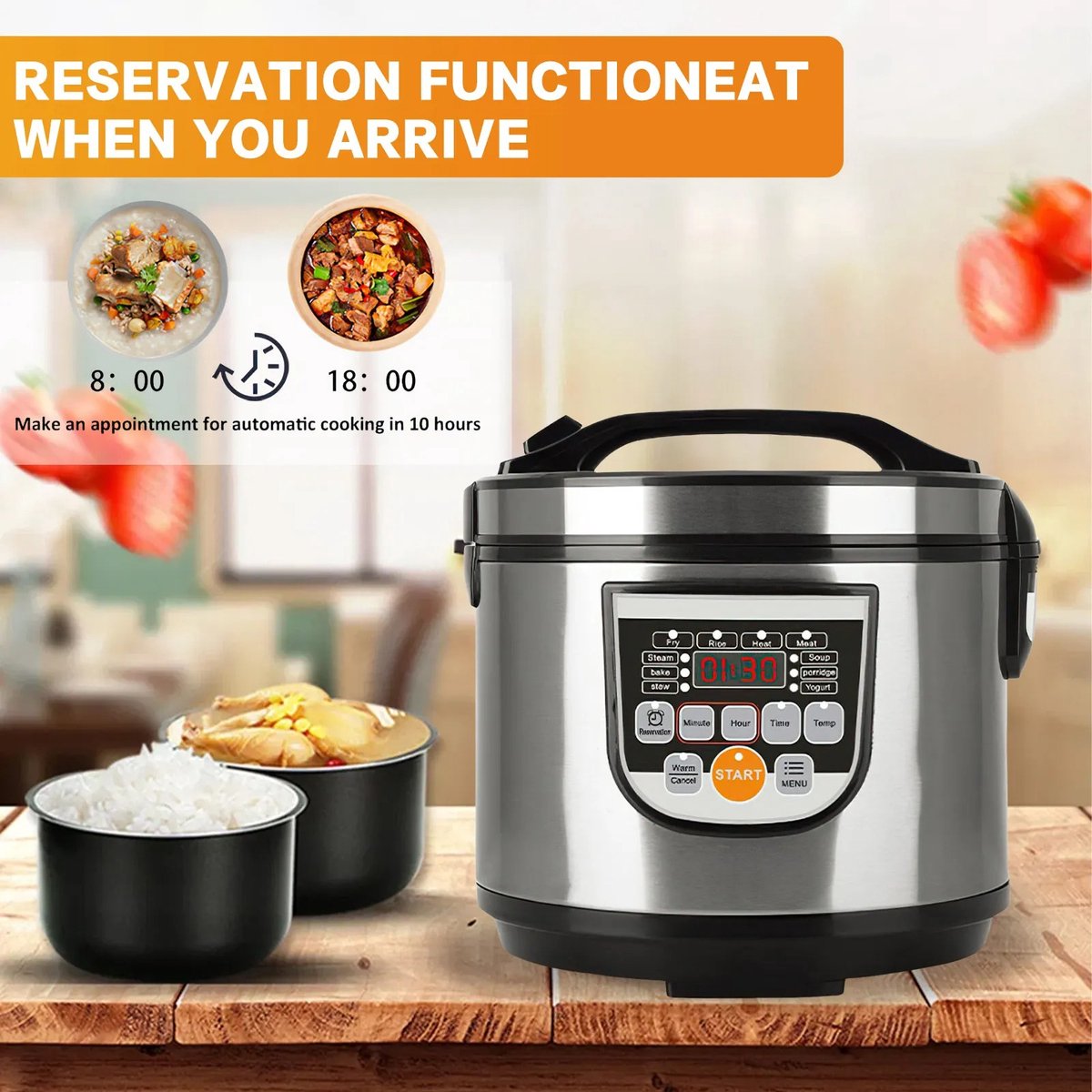 HomeGoodies - Slowcooker - Rijstkoker - Multicooker - 5L - 700W - Met LED-display - Antiaanbakpan - Warmtefunctie - Voedselstomer – foto 2