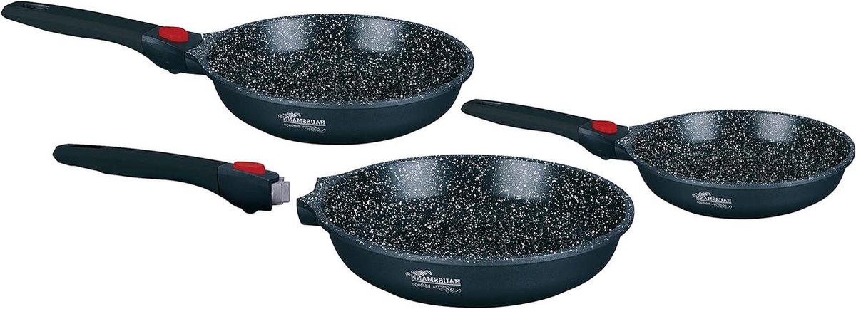 Koekenpannen Set - Pannen Set - Pannenkoeken Bakken - Afneembare Handgreep - 20 24 28 cm - Zwart