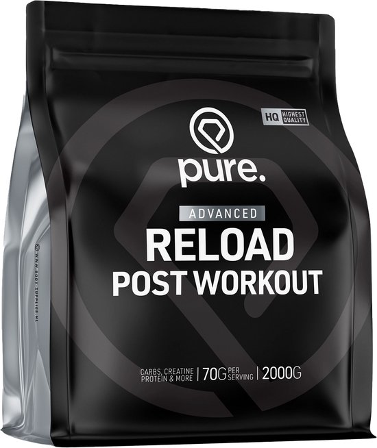 Zwarte Pure. Reload Post-Workout zak van 2000g met witte tekst 'ADVANCED RELOAD POST WORKOUT', 70G PER SERVING.
