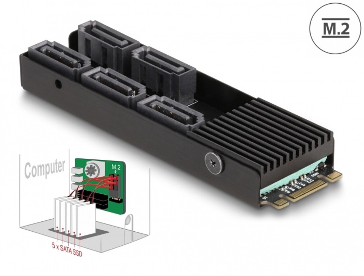 Converter M.2 2280 Key B+M Man tot 5 x Sata met koellichaam