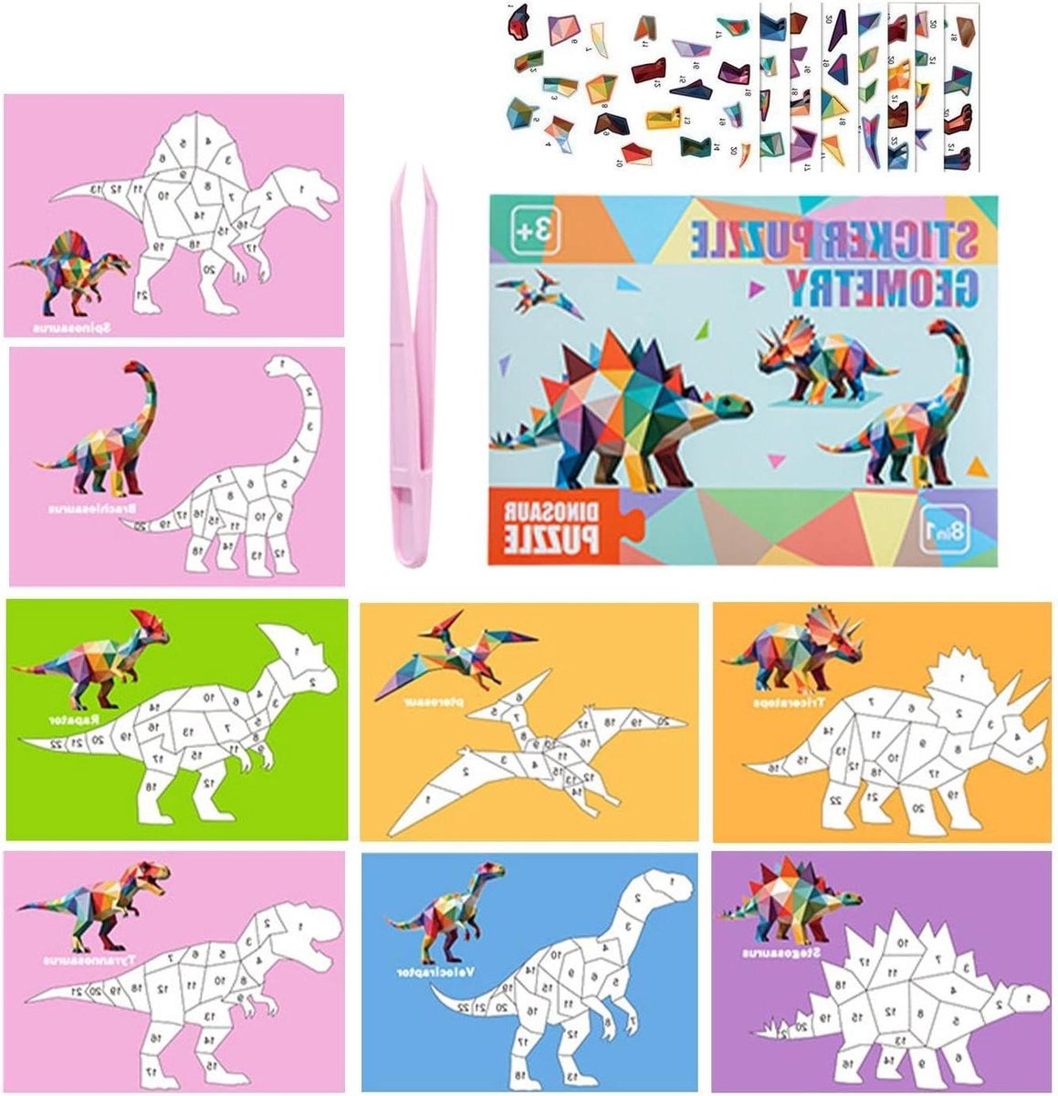 Digitale Kunstset - Doe-het-zelf Puzzel - Educatieve Knutselactiviteit - Genummerde Combinaties - 8 Stuks - Dinosaurus Model