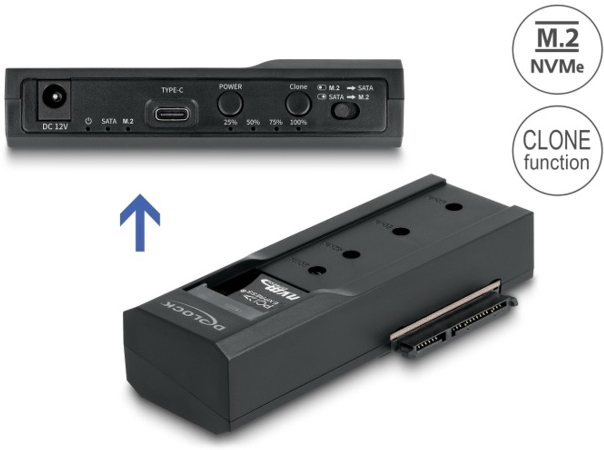 Delock USB Type-C™ Converter for 1 x M.2 NVMe SSD + 1 x SATA SSD / HDD with Clone Function