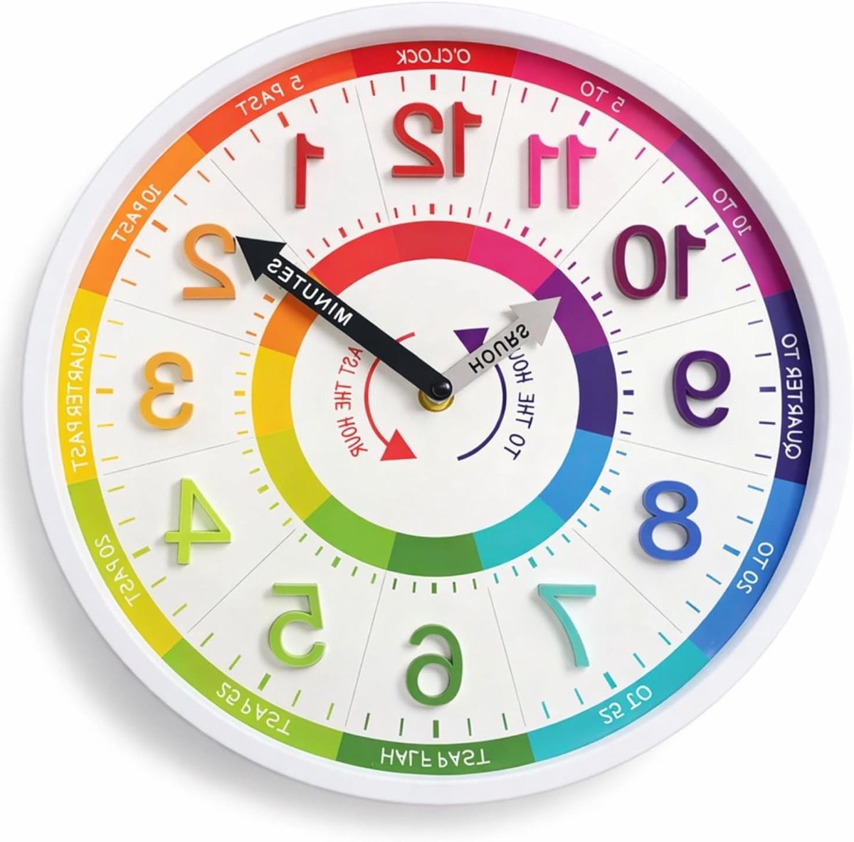 Kleurrijke leren wandklok voor kinderen, 30,5 cm, stil analoog uurwerk met grote cijfers voor slaapkamer en klaslokaal, ideaal cadeau voor jongens en meisjes