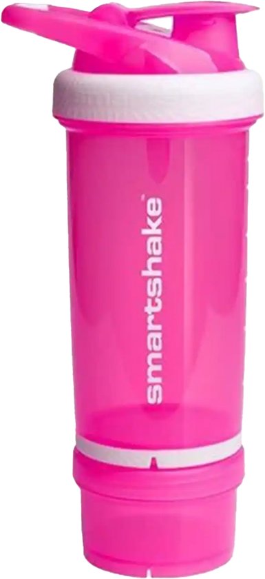 Roze Smartshake Revive shakebeker met witte deksel en opbergvak.