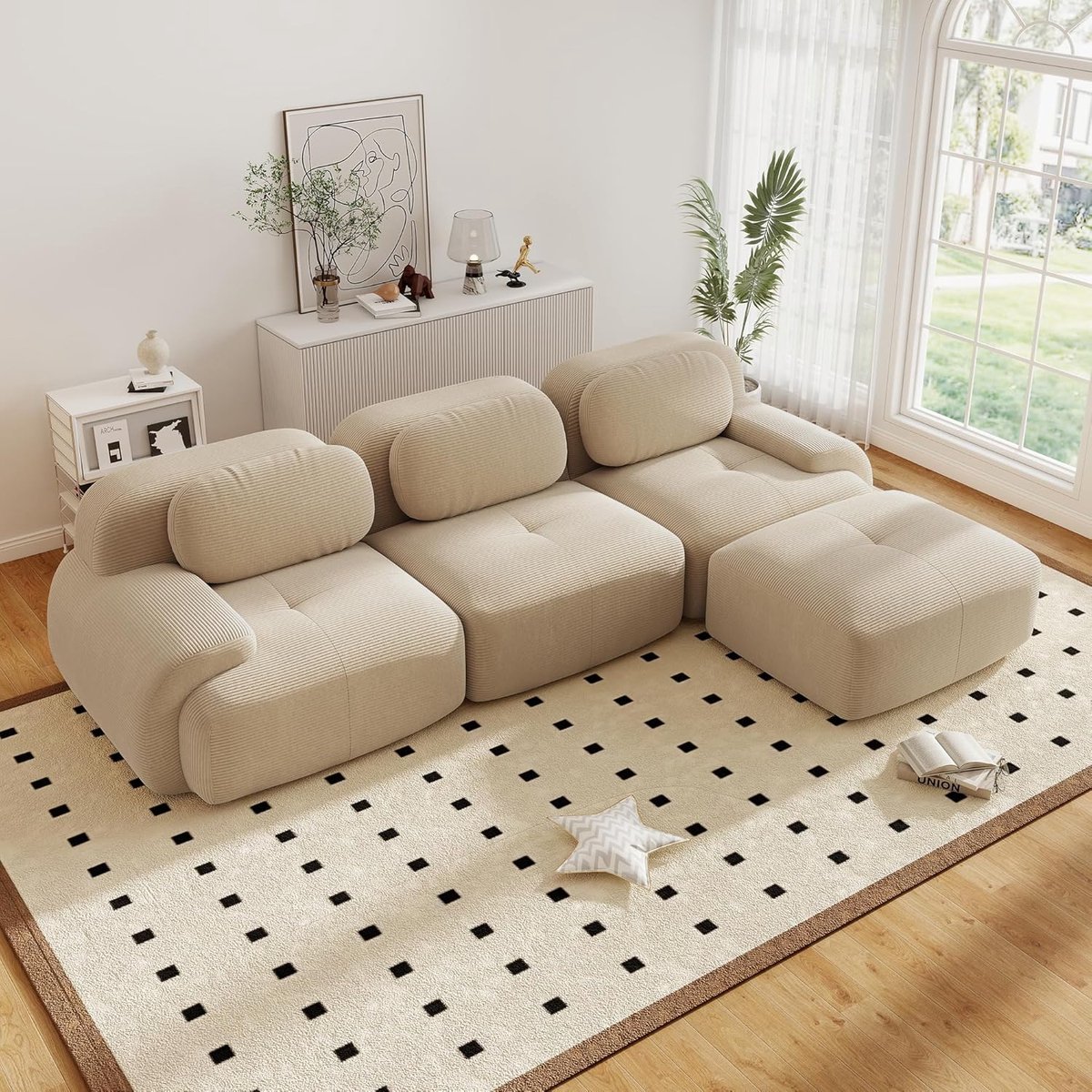 Zubaliya Moderne Hoekbank, L-Bank, 3-Zitsbank, Moderne 298 cm Brede, Converteerbare Hoekbank met Voetenbank, L-vormige Modulaire Corduroy Bank, Samendrukbare Bank voor 3-6 Personen voor de Woonkamer, Extra Diepe Zitting, Geen Montage Nodig-Beige