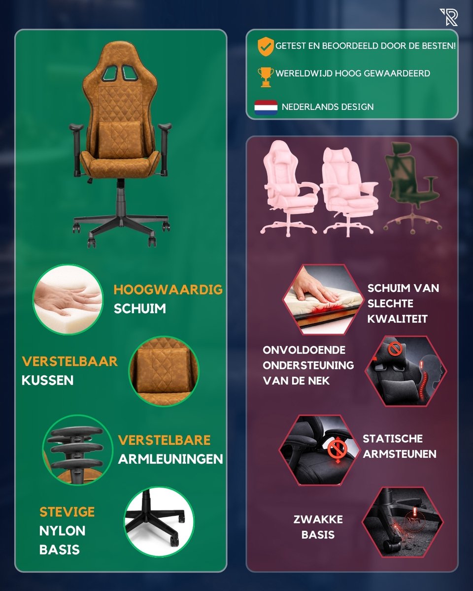 Ranqer Felix Bureaustoel Gamingstoel Bruin/Tan - afbeelding 3