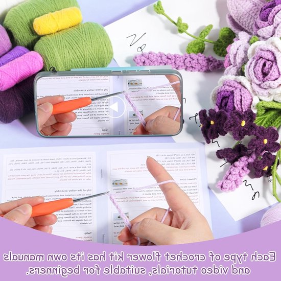 Haakset voor Beginners en Volwassenen, Rozenbloem Boeket Haakproject met Stapsgewijze Video, Handgemaakte Kunst, DIY Creaties, Perfecte Cadeaus voor Elke Gelegenheid — afbeelding 2